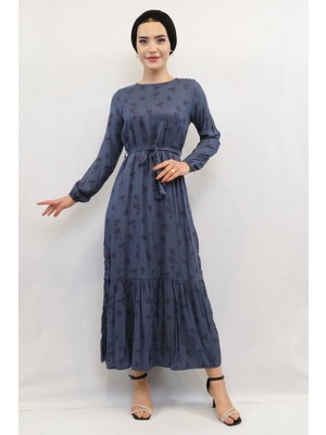 Modi Moda Çizgi Çiçek Desenli Elbise Indigo
