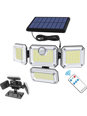 Borayris Solar 4 Kafa 200 LED 5 Metre Kablolu Güneş Enerjili Spot Dış Ortam. Uzaktan Kumandalı 2400 Mah