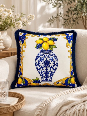 Sue Collection Limon & Üzüm Desenli Püsküllü Dekoratif Kırlent Kılıfı 43X43 cm [3tarafı Püsküllü]