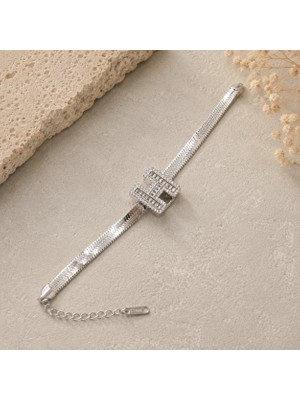 Fm 💎 Premium  Gümüş Renk Zirkon Taş Detaylı H Harf Geometrik Tokalı Zincir 316L Çelik Kadın Bileklik (23cm)