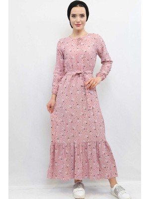 Modi Moda Çizgi Çiçekli Elbise Gül Kurusu