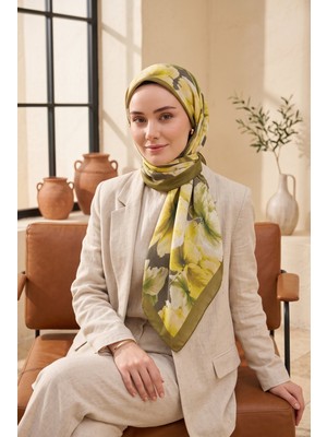 Eys Natural Çiçek Desen Eşarp Serisi Yağ Yeşil
