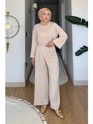Tesettür Diyarı Aden Pike Orijinal Modal Kumaş Tunik-Pantolon Tesettür Takım- Krem
