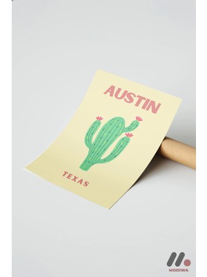 Modiwa Design Austin Teksas Kaktüs Posteri, Çerçevesiz Yüksek Kalite Duvar Afişi - Seyahat Severlere Hediye