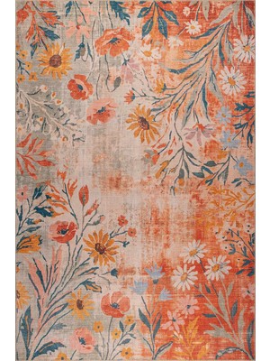 Artloop Florart Turuncu Kır Çiçekli Modern Desenli Dokuma Tabanlı Şönil Halı Al 613