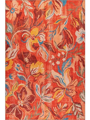 Artloop Florart Turuncu Floral Çiçek Desenli Modern Dokuma Tabanlı Şönil Halı Al 602