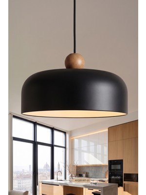 Marrien Marella Modern Ahşap Boncuk Detaylı Siyah Metal Sarkıt (30 cm)  Yemek Masası Üstü Avize  Mutfak & Salon Aydınlatması