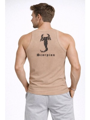 Tarz Yeri Erkek Fitilli Atlet Sıfır Yaka Slim Fit Arka Baskılı Spor Atlet - Bej
