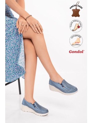 Gondol Hakiki Deri Dolgu Taban Rahat Yazlık Ayakkabı ESFA.4001 Mavi