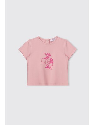 Panço Kız Bebek Baskılı Kısa Kollu Pembe Tişört