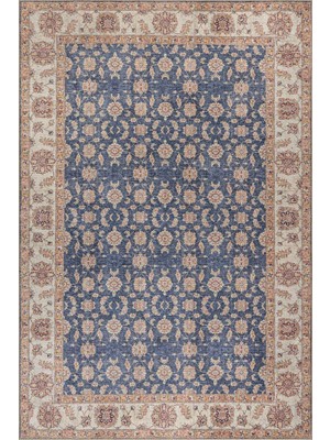 Artloop Relic Lacivert Krem Vintage Çiçek Motifli Klasik Desenli Dokuma Tabanlı Şönil Halı Al 566