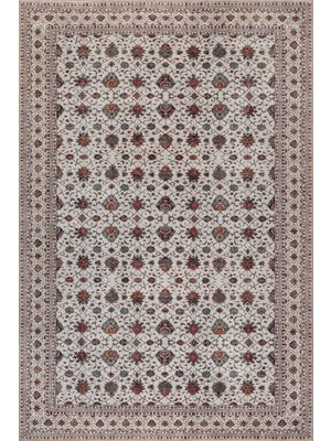 Artloop Folk Krem Vintage Çiçek Motifli Klasik Desenli Dokuma Tabanlı Şönil Halı Al 577
