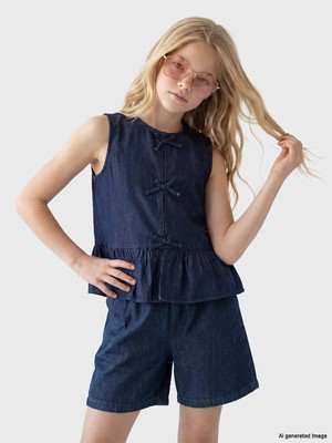 LC Waikiki Lcw Kids Lacivert Fiyonk Detaylı Fırfırlı Kız Çocuk Jean Bluz