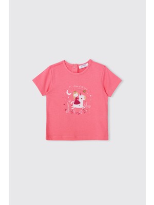 Panço Kız Bebek Baskılı Kısa Kollu Pembe Tişört