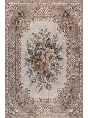 Artloop Florart Vizon Krem Vintage Goblen Çiçekli Klasik Desenli Dokuma Tabanlı Şönil Halı Al 578