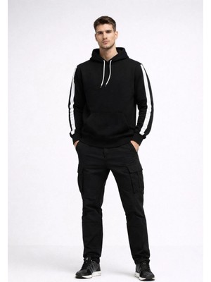 Tarz Yeri Erkek Şeritli Kapüşonlu Sweatshirt Oversize 3 iplik Pamuklu Hoodie - Siyah