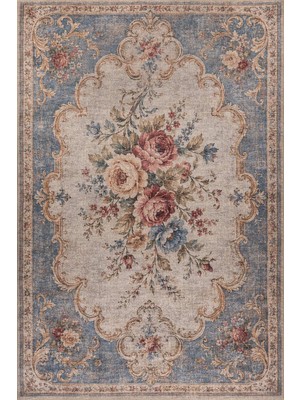 Artloop Florart Mavi Krem Vintage Floral Gül Desenli Dokuma Tabanlı Şönil Halı Al 607