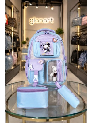 Glanart 5 Gözlü Termos Beslenmeli+Kalemlikli Okul Çanta Seti  Mavi 1 Adet (3 Lü Set) Relaxi