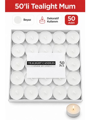 Arkhelais Tealight Mum 50 Adet Beyaz Tea Light Mum Metal Kaplı Dekoratif Mum Ev Ofis Masa Süsleme Mumu