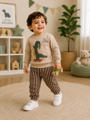 Serpil Giyim Erkek Bebek Dinozor Baskılı Pamuklu Eşofman Takımı Bej Sweatshirt Kahverengi Çizgili Jogger Pantolon 2'li Takım