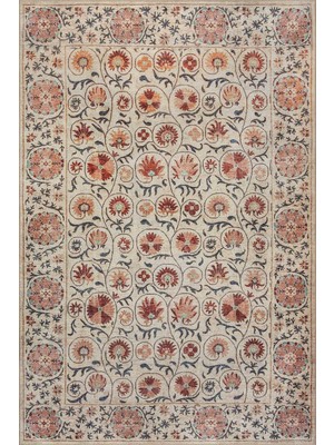 Artloop Florart Krem Pembe Suzani Çiçek Motifli Dokuma Tabanlı Şönil Halı Al 555