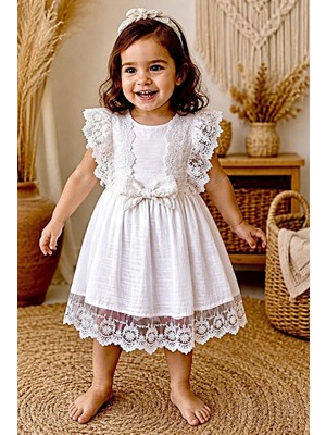 Mini Kiti Kız Çocuk Bebek %100 Pamuk Müslin Fiyonklu Dantelli Elbise Günlük Doğumgünü Bayram Elbisesi