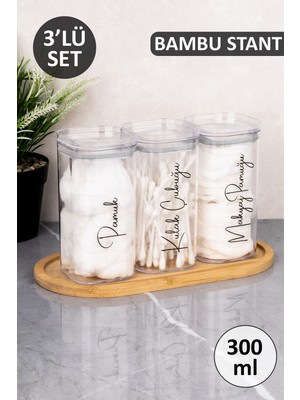Dolkin Home 3'lü Bambu Stantlı Pamuk - Kulak Çubuğu - Makyaj Pamuğu Etiketli Şeffaf Mika Kavanoz Pamuk Kutusu Seti Akrilik Banyo Düzenleyici 300 ml