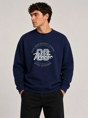 herkesemoda The Winner Baskı Detaylı Bisiklet Yaka Şardonlu 2 Iplik Sweatshirt