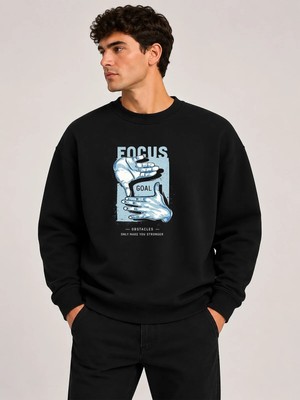 herkesemoda Focus Baskı Detaylı Bisiklet Yaka Şardonlu 2 Iplik Sweatshirt