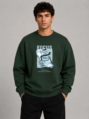 herkesemoda Focus Baskı Detaylı Bisiklet Yaka Şardonlu 2 Iplik Sweatshirt