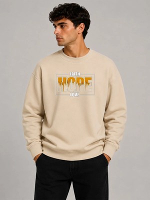 herkesemoda Hope Desen Baskılı Bisiklet Yaka Şardonlu 2 Iplik Sweatshirt