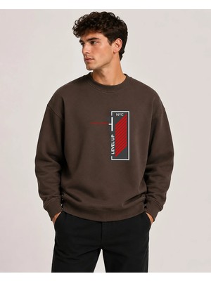 herkesemoda Level Up Desen Baskılı Bisiklet Yaka Şardonlu 2 Iplik Sweatshirt