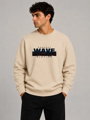 herkesemoda Wave Baskı Detaylı Bisiklet Yaka Şardonlu 2 Iplik Sweatshirt