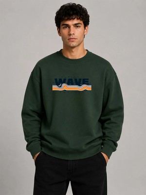 herkesemoda Wave Baskı Detaylı Bisiklet Yaka Şardonlu 2 Iplik Sweatshirt