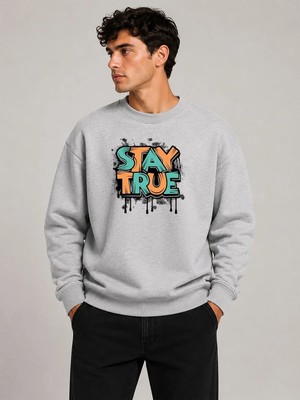 herkesemoda Stay True Detaylı Bisiklet Yaka Şardonlu 2 Iplik Sweatshirt