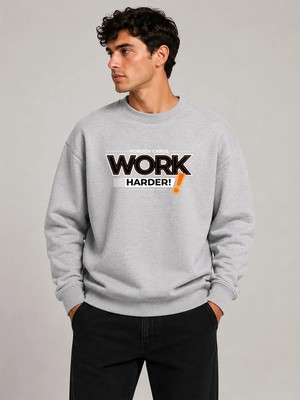 herkesemoda Work Harder Baskı Detaylı Bisiklet Yaka Şardonlu 2 Iplik Sweatshirt