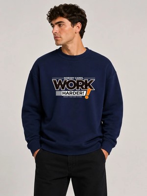 herkesemoda Work Harder Baskı Detaylı Bisiklet Yaka Şardonlu 2 Iplik Sweatshirt