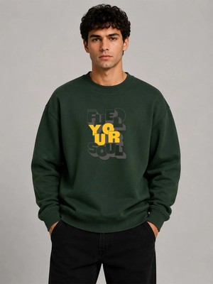 herkesemoda Fuel Your Harder Baskı Detaylı Bisiklet Yaka Şardonlu 2 Iplik Sweatshirt