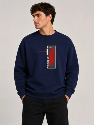 herkesemoda Level Up Desen Baskılı Bisiklet Yaka Şardonlu 2 Iplik Sweatshirt