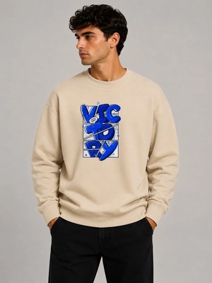 herkesemoda Victory Baskı Detaylı Bisiklet Yaka Şardonlu 2 Iplik Sweatshirt