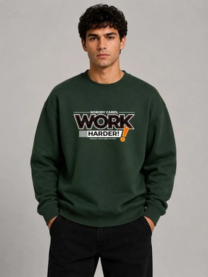 herkesemoda Work Harder Baskı Detaylı Bisiklet Yaka Şardonlu 2 Iplik Sweatshirt