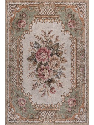Artloop Florart Yeşil Krem Vintage Floral Goblen Gül Desenli Dokuma Tabanlı Şönil Halı Al 606