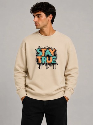 herkesemoda Stay True Detaylı Bisiklet Yaka Şardonlu 2 Iplik Sweatshirt