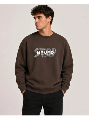 herkesemoda Stop Never Detaylı Bisiklet Yaka Şardonlu 2 Iplik Sweatshirt