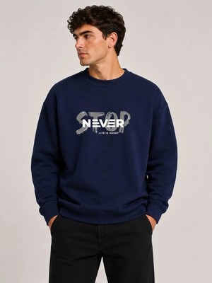 herkesemoda Stop Never Detaylı Bisiklet Yaka Şardonlu 2 Iplik Sweatshirt