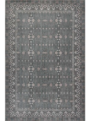 Artloop Folk Gri Yeşil Vintage Etnik Geometrik Desenli Dokuma Tabanlı Şönil Halı Al 622