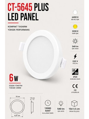 Yenilig CT-5645 Plus LED Panel 6W Yuvarlak Sıva Altı LED Spot Armatür