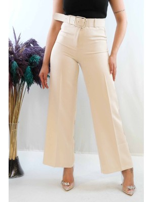 Modi Moda Çizgi Kemerli Pantolon Beyaz
