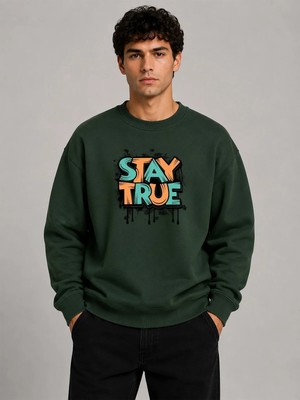 herkesemoda Stay True Detaylı Bisiklet Yaka Şardonlu 2 Iplik Sweatshirt