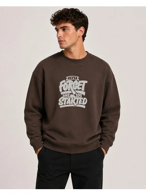 herkesemoda Forget Started Baskılı Bisiklet Yaka Şardonlu 2 Iplik Sweatshirt